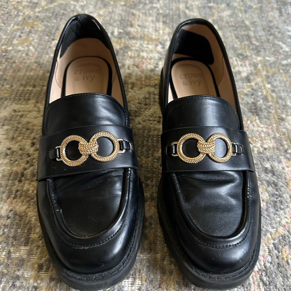 Crown & Ivy Chunky Loafers Black and Gold Buckle Size 9 Office Business Casual